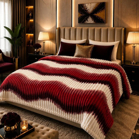 Red Cream Tie Dye Stripe Ribbed Faux Fleece Blanket - The Linen House