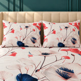 Red & Navy Poppy Floral Cotton Bedsheet Set – 3 Pcs King Size - The Linen House
