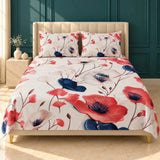 Red & Navy Poppy Floral Cotton Bedsheet Set – 3 Pcs King Size - The Linen House