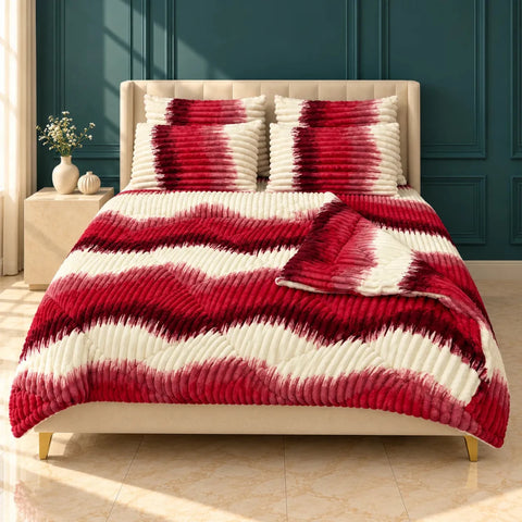 Red & White Ikat Stripe Bubble Fleece Comforter Set – 6 Pcs King Size - The Linen House