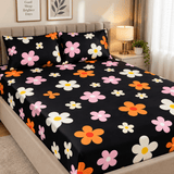 Retro Daisy Black Fitted Sheet - The Linen House