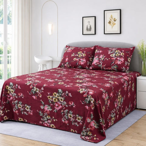Rich Burgundy Floral Printed Bedsheet - The Linen House