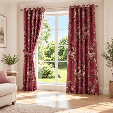 Rosewood Burgundy Floral Printed Curtain - The Linen House