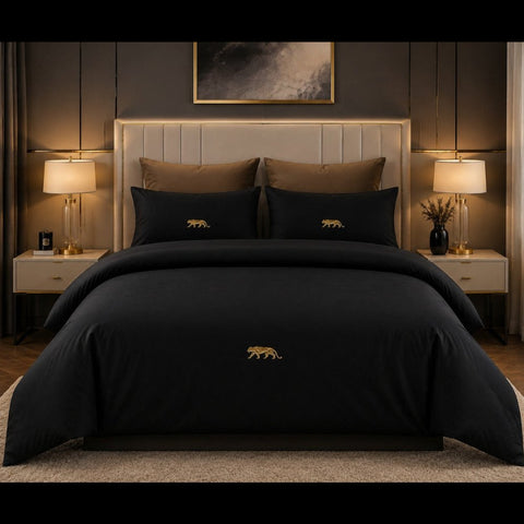 Royal Black Panther Gold Embroidered Bedding Set - The Linen House