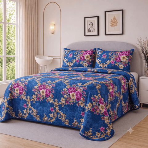 Royal Blue Baroque Floral Printed Bedspread - The Linen House
