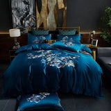 Royal Blue Cotton Satin Embroidery Duvet Set - The Linen House
