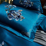 Royal Blue Cotton Satin Embroidery Duvet Set - The Linen House