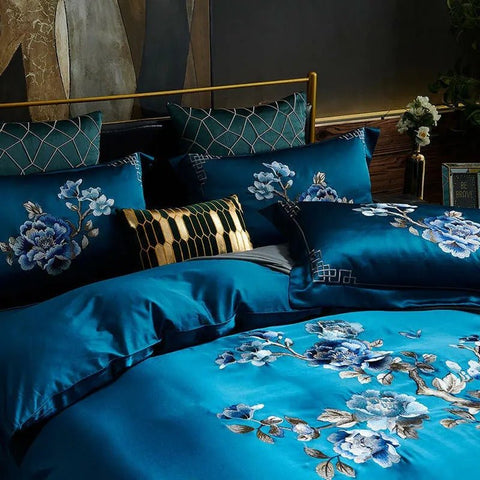 Royal Blue Cotton Satin Embroidery Duvet Set - The Linen House