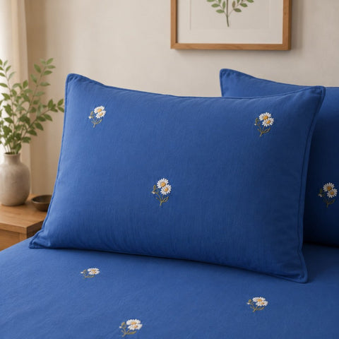 Royal Blue Daisy Embroidered bedding Set - The Linen House