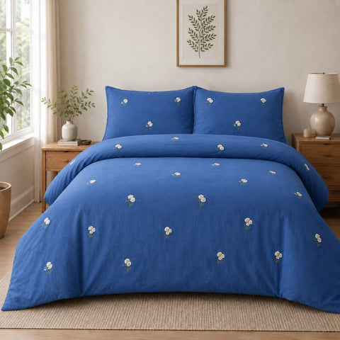 Royal Blue Daisy Embroidered bedding Set - The Linen House