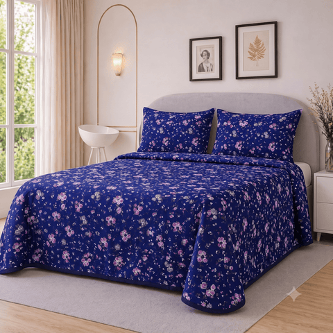 Royal Blue Ditsy Floral Printed Bedspread - The Linen House