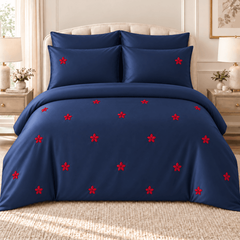 Royal Crimson Navy Blue Embroidered Bedding Set - The Linen House