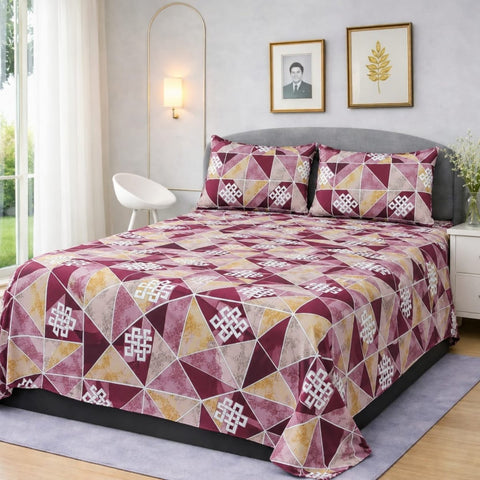 Royal Maroon Geometric Printed Bedsheet Set (3pcs) - The Linen House