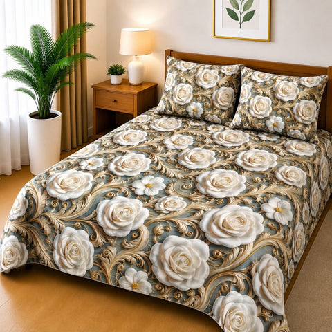 Royal White Rose 3D Printed Bed Sheet - The Linen House