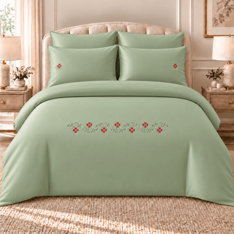 Ruby Blossom Sage Green Embroidered Bedding Set - The Linen House