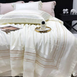 Off white Cotton Satin Embroidery Duvet Set - The Linen House