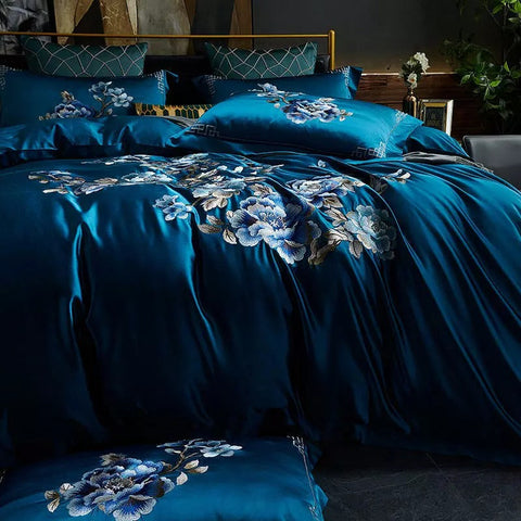 Royal Blue Cotton Satin Embroidery Duvet Set - The Linen House