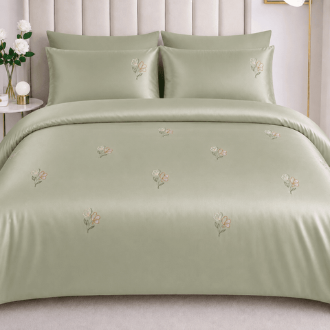 Sage Green Floral Embroidered Bedding Set - The Linen House