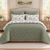 Sage Green Floral Reversible 6 Pcs Bedspread Set - The Linen House