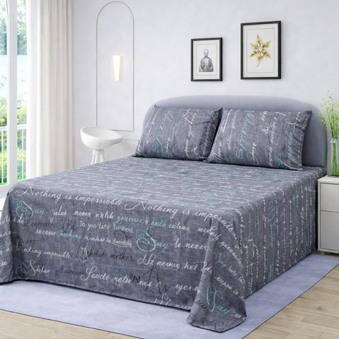 Script Design Grey Printed Bed Sheet - The Linen House