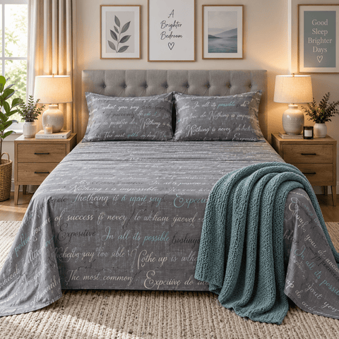 Script Design Grey Printed Bed Sheet - The Linen House