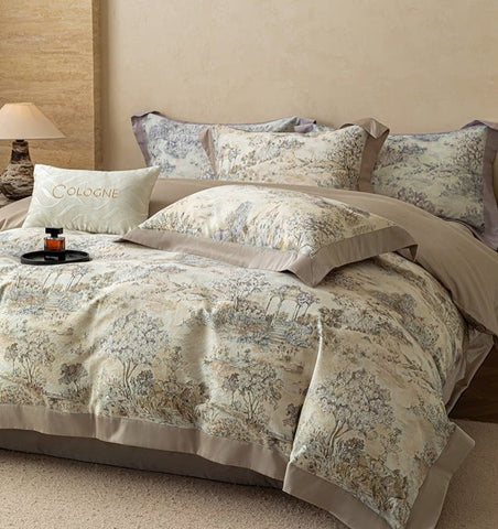 Serene Landscape Printed Duvet Set – Elegant Nature-Inspired Bedding with Soft Trim