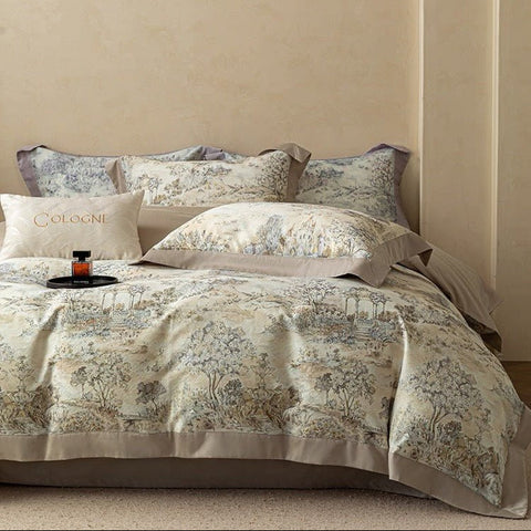 Serene Landscape Printed Duvet Set – Elegant Nature-Inspired Bedding with Soft Trim