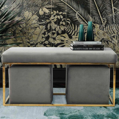 Modern Grey Velvet Upholstered Bench with Iron Gold Base - The Linen House