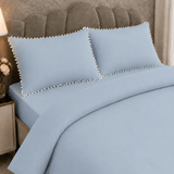 Sky Blue Duvet Cover Set with White Pom Pom Lace Pillowcases