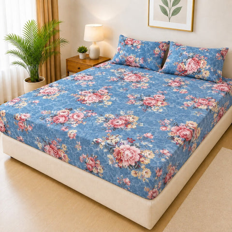 Sky Blue Floral Waterproof Fitted Mattress Cover - The Linen House