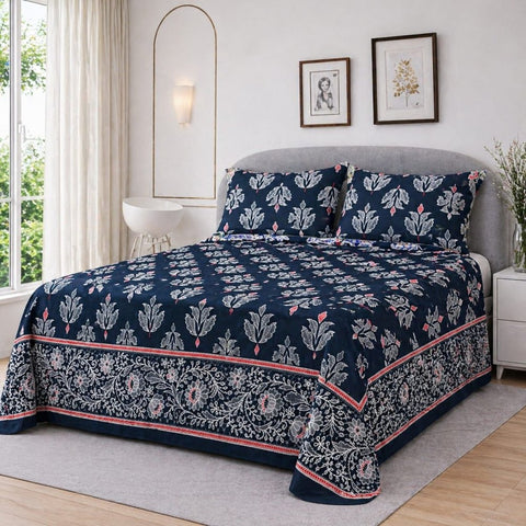 Sleek Navy Floral Printed Bedsheet - The Linen House