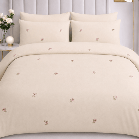 Soft Cream Floral Embroidered Duvet Cover Set - The Linen House