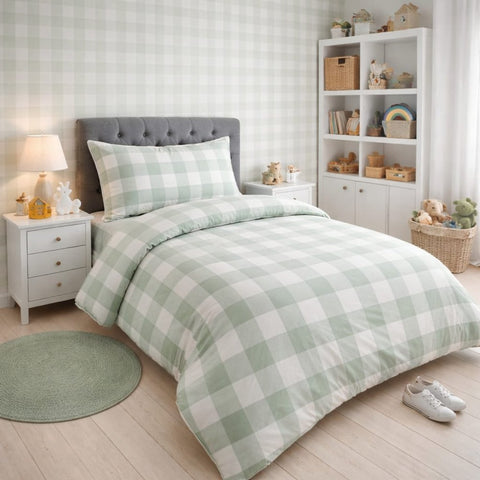 Soft Green Checkered Kids Bedsheet - The Linen House