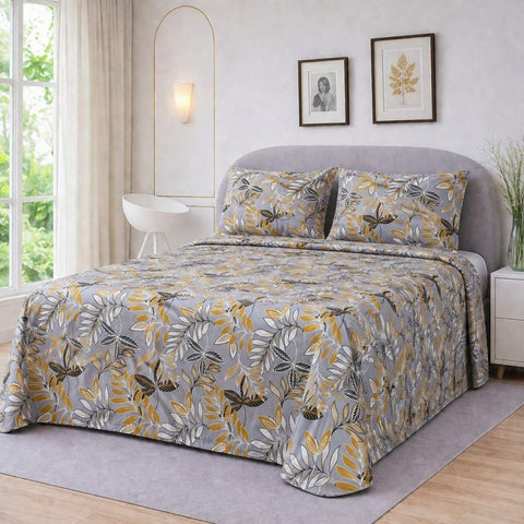 Soft Grey with Pops of Yellow Printed Bedsheet - The Linen House