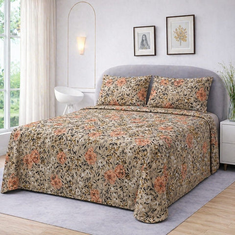 Soft Orange and Dark Floral Printed Bedsheet - The Linen House