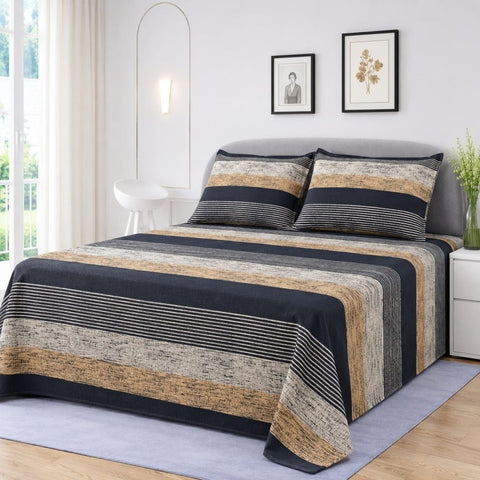 Stylish Navy and Beige Striped Printed Bedsheet - The Linen House