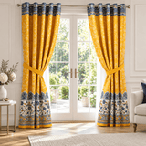 Sunshine Yellow Blue Floral Border Curtain - The Linen House