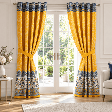 Sunshine Yellow Blue Floral Border Curtain - The Linen House