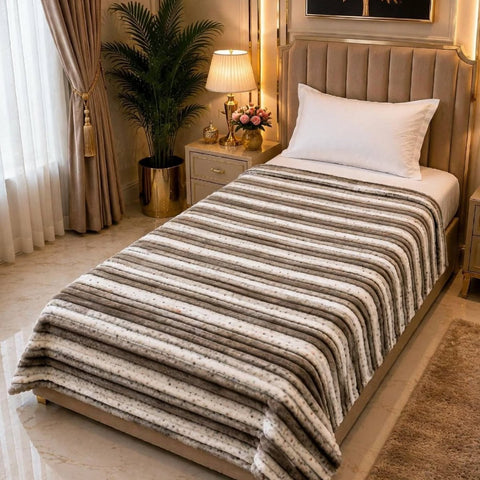 Taupe Cream Stripe Single Fleece Blanket - The Linen House