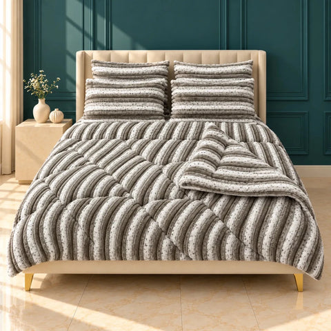 Taupe & White Speckled Stripe Bubble Fleece Comforter Set – 6 Pcs King Size - The Linen House
