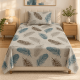 Teal Brown Feather Print Single Bedsheet - The Linen House