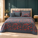 Teal & Coral Floral Stripe 7 Pcs Bedspread Set - The Linen House