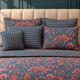 Teal & Coral Floral Stripe 7 Pcs Bedspread Set - The Linen House