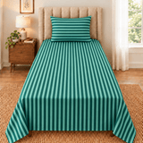 Teal Green Vertical Stripe Printed Single Bed Sheet - The Linen House