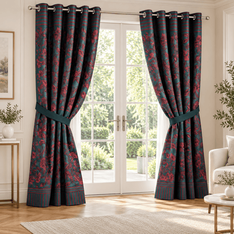 Teal Red Floral Printed Curtain - The Linen House