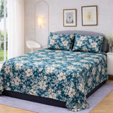 Teal with Lovely Beige Blossoms Printed Bedsheet - The Linen House