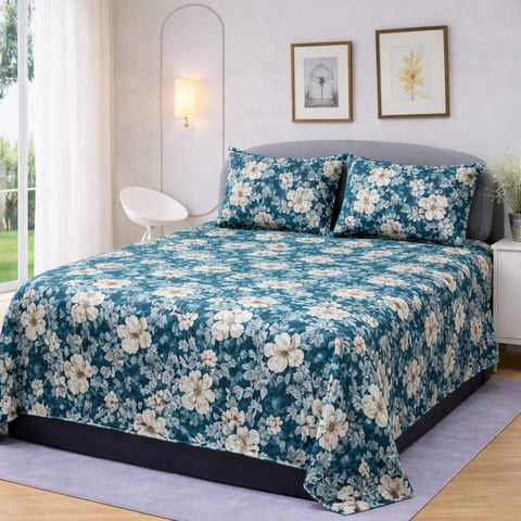 Teal with Lovely Beige Blossoms Printed Bedsheet - The Linen House