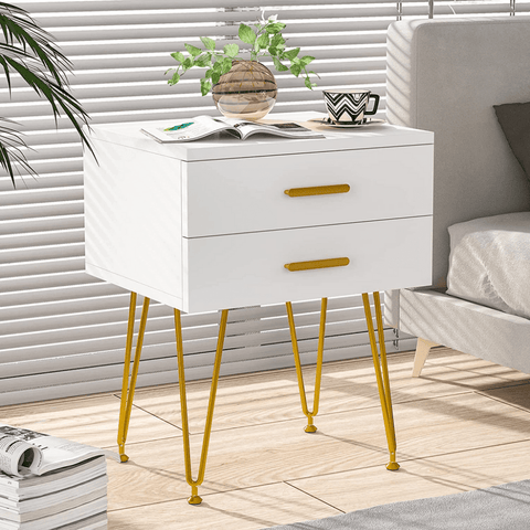 Tribesigns 2 - Drawer White and Gold Nightstand - The Linen House