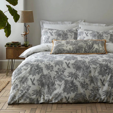 Tropical Botanical Printed Duvet Set – Elegant Black & White Floral Duvet Cover - The Linen House