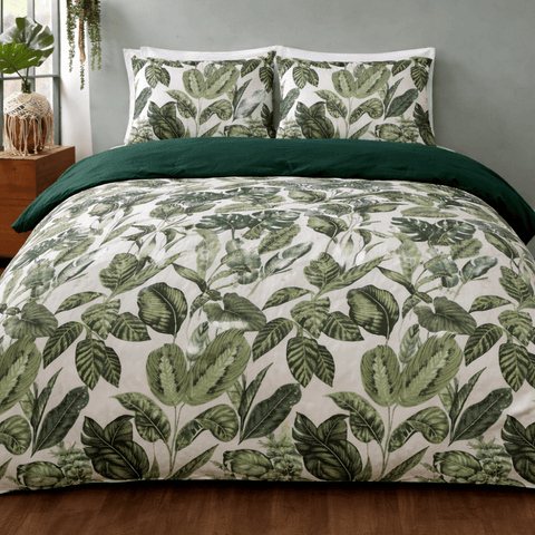 Tropical Green Leaves Print Bedsheet – King Size - The Linen House